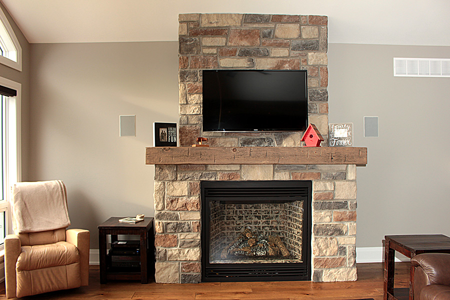 Stone Fireplace with Hollow Timber Mantle